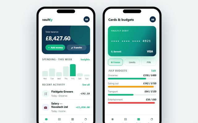 Vaultly — personal finance app design sample
